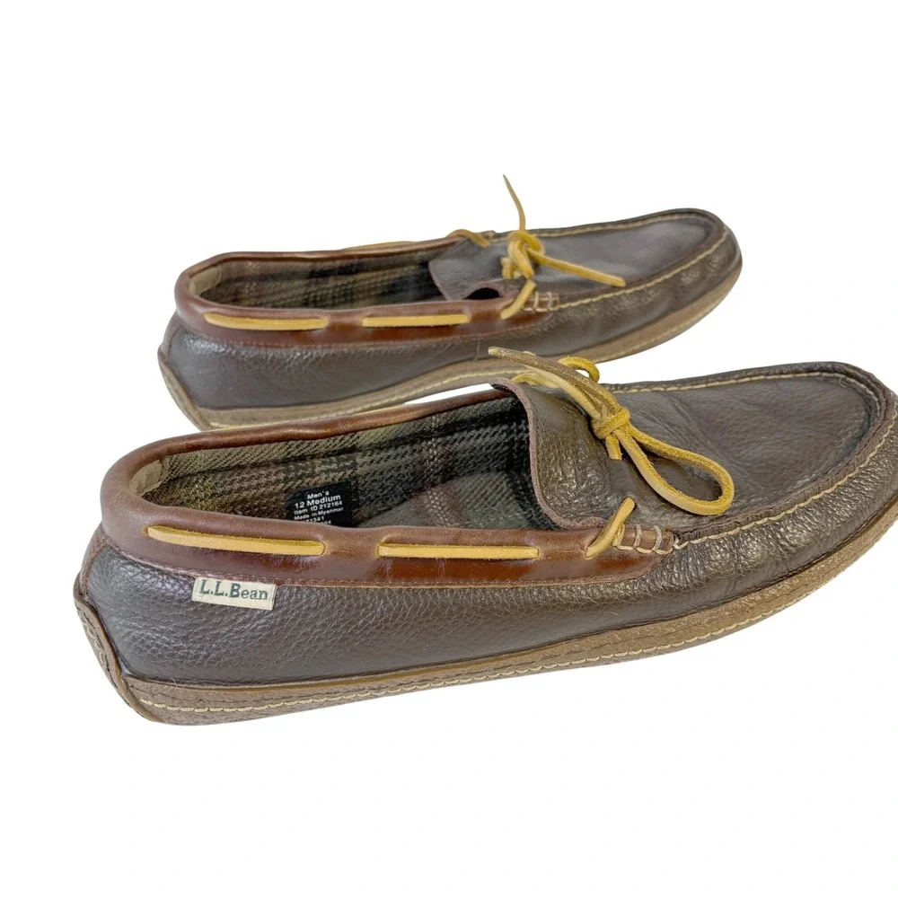 L.L.Bean Handsewn Leather Moccasins Slippers Flannel Lined Mens 12 Brown Leather